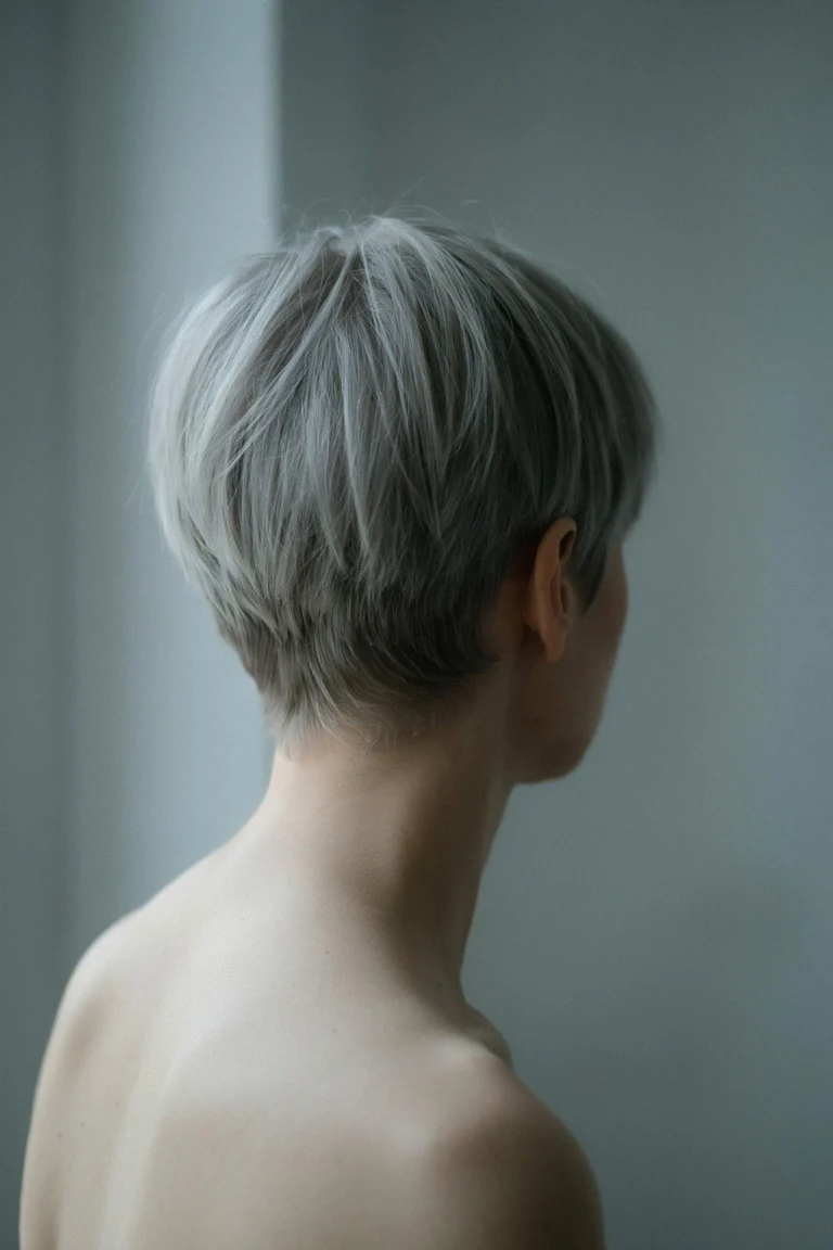 A woman's short textured haircut from behind and the side, silver tones catching soft window light