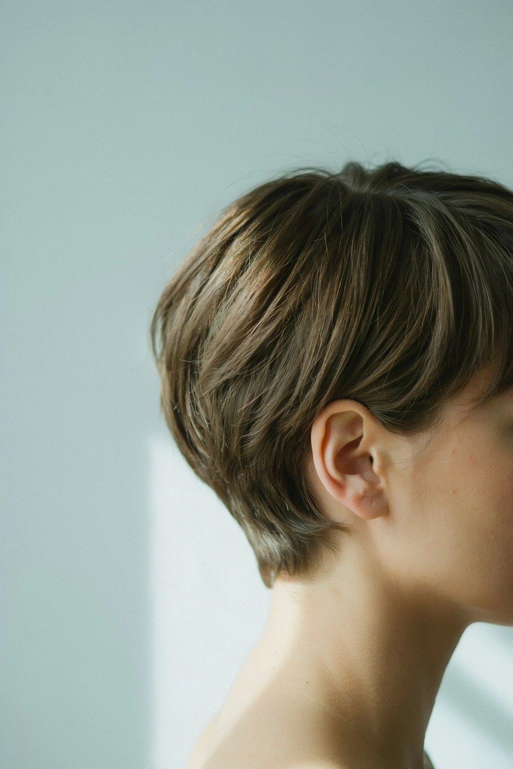 A soft pixie haircut with longer top and tapered sides, seen from the side in natural light