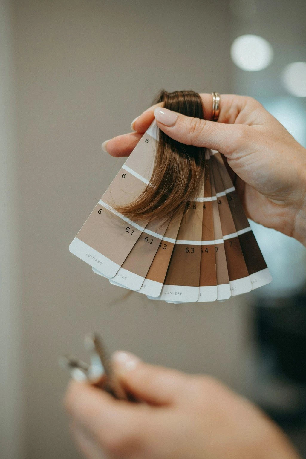 A colorist's ring of brunette level swatch cards held beside a section of medium brown hair in natural light