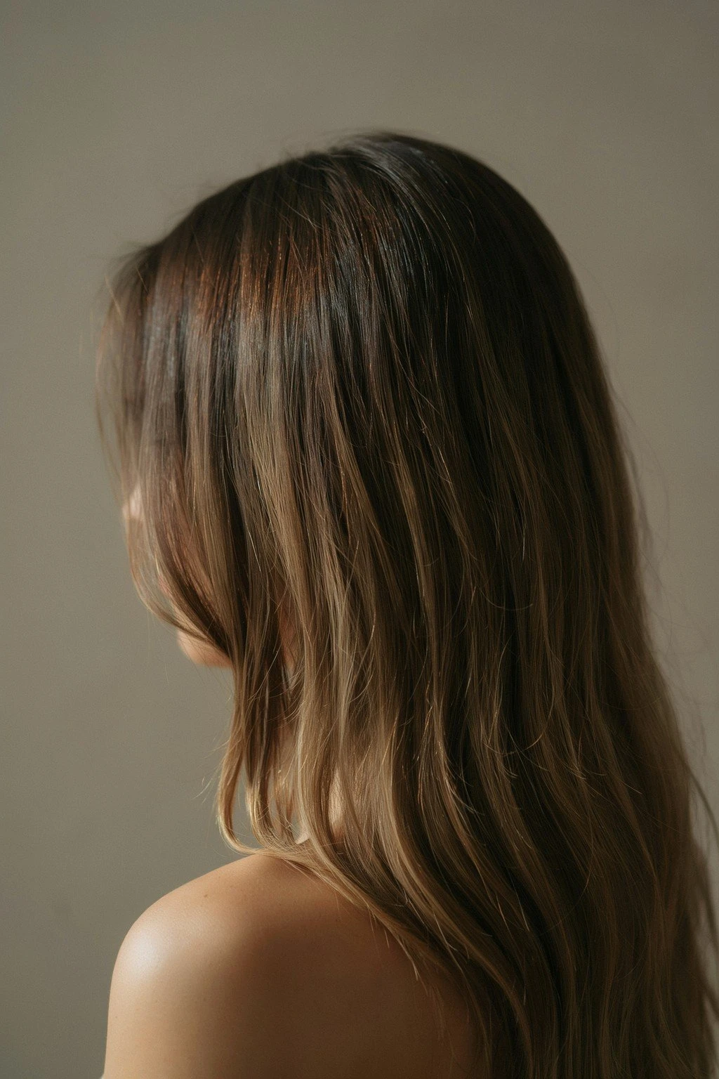 Glossy brunette hair with subtle depth and shine, reading almost entirely as natural color
