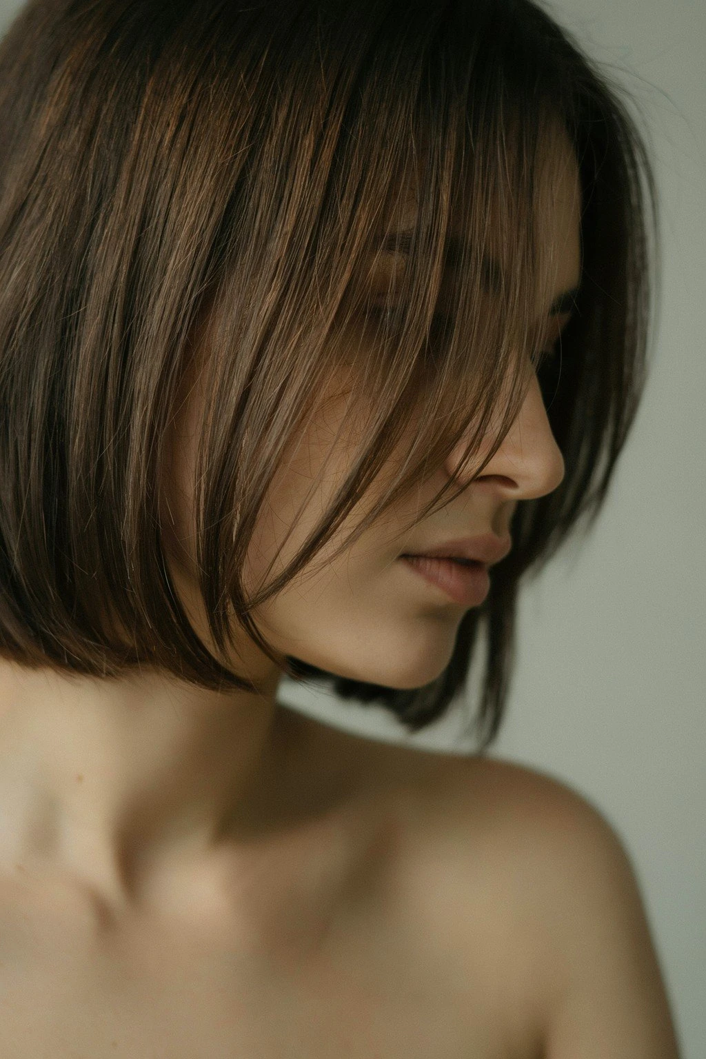 Dark brunette hair with clearly defined brighter face-framing pieces, visible contrast at the hairline