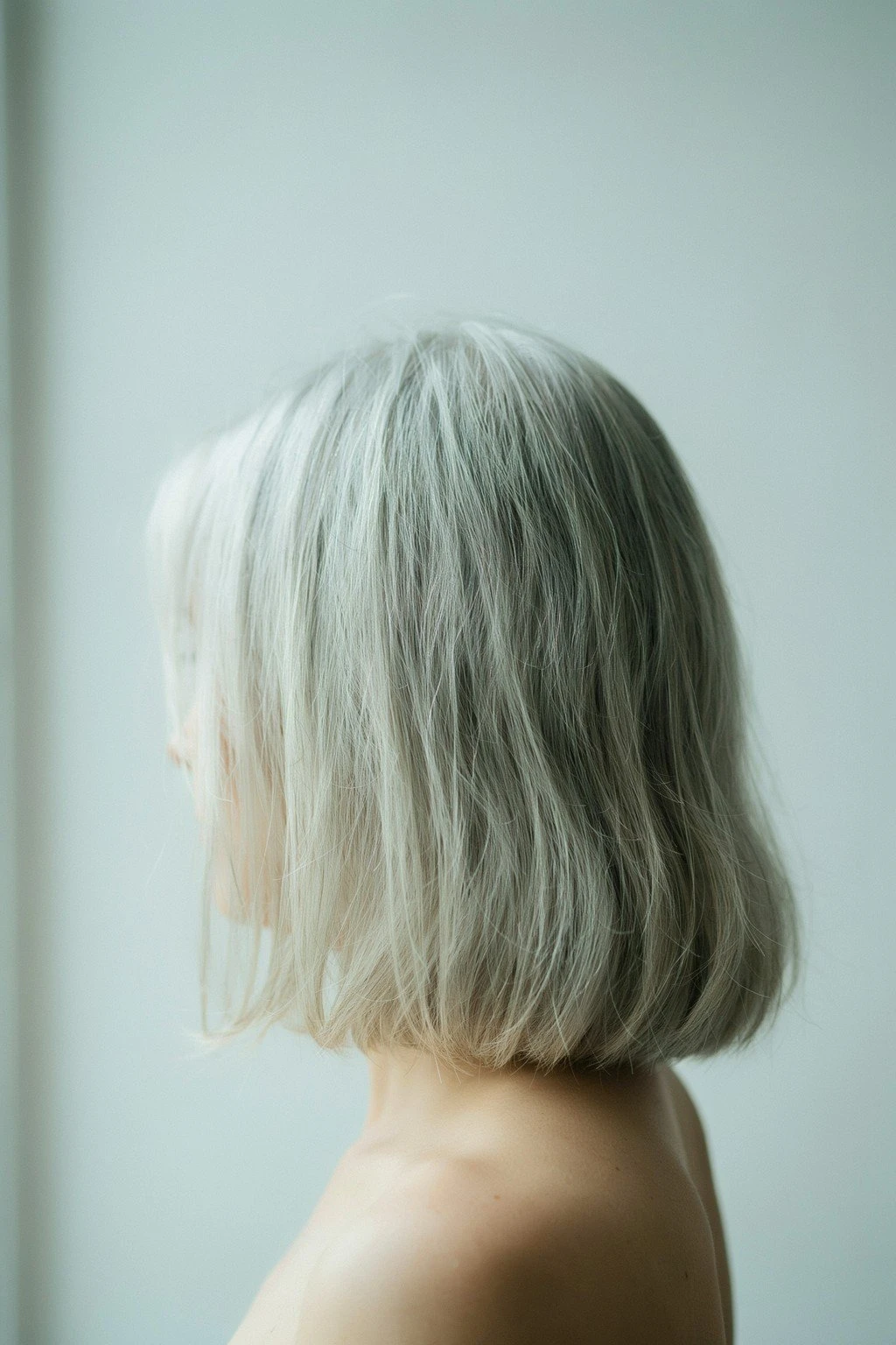 Hair that is mostly silver with a clean bright tone, the last of the colored ends fading