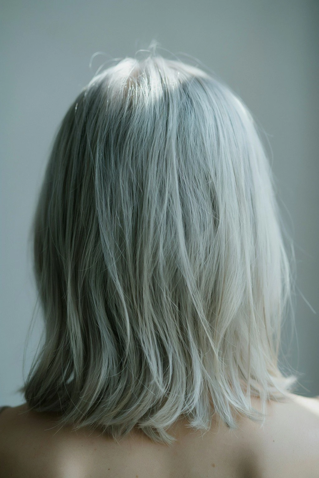 Fully silver hair even from root to end, bright and deliberate in soft window light