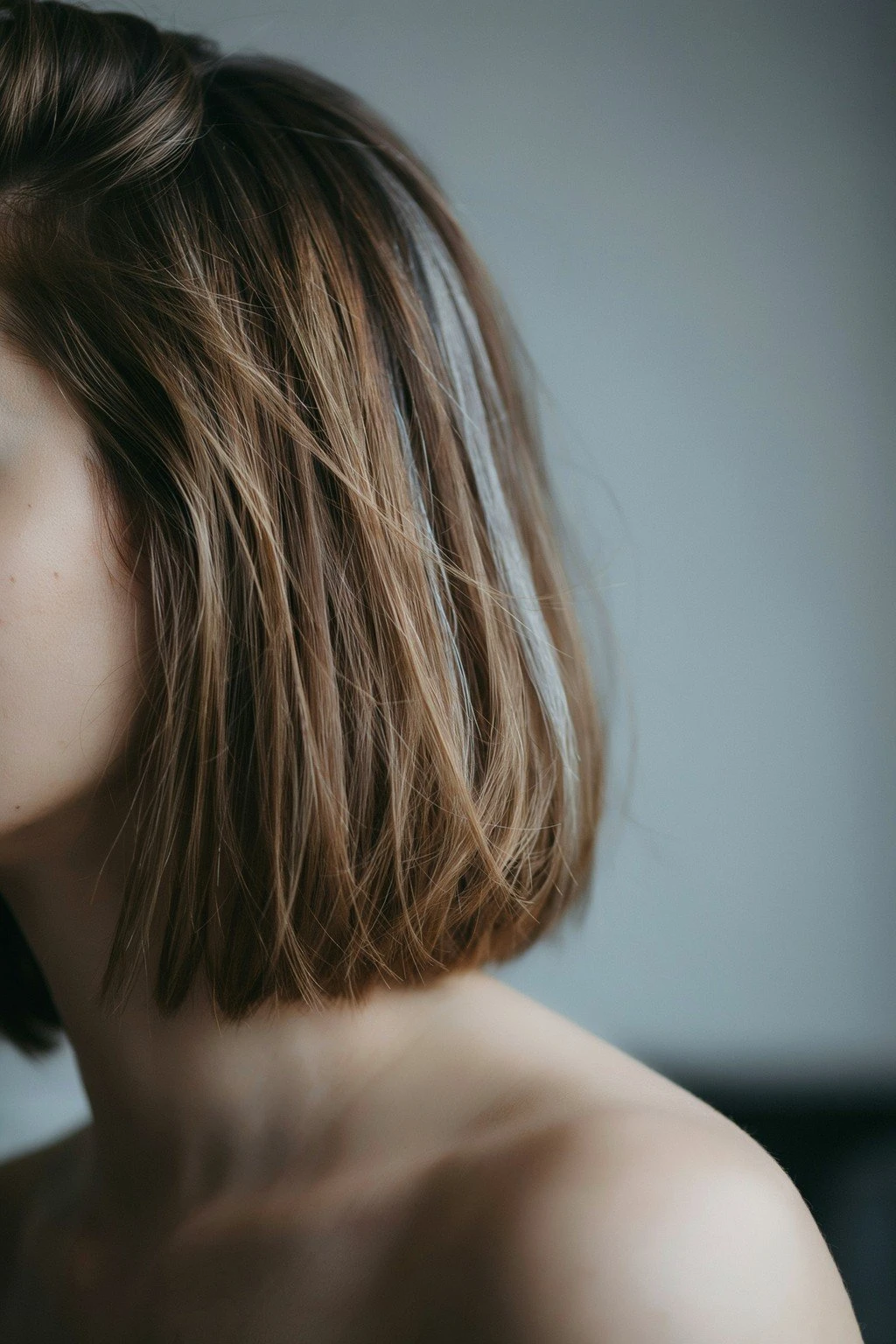 Dark hair partway through the lift toward silver, warm lifted sections showing against the base