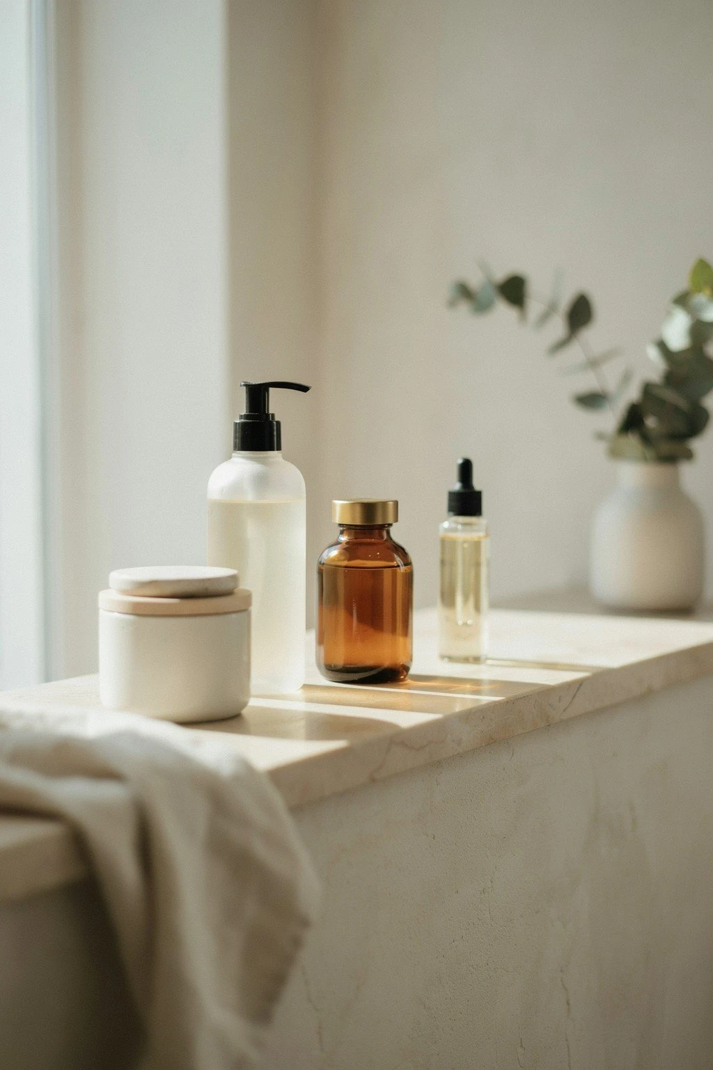 A bathroom shelf with several hair care product bottles arranged neatly