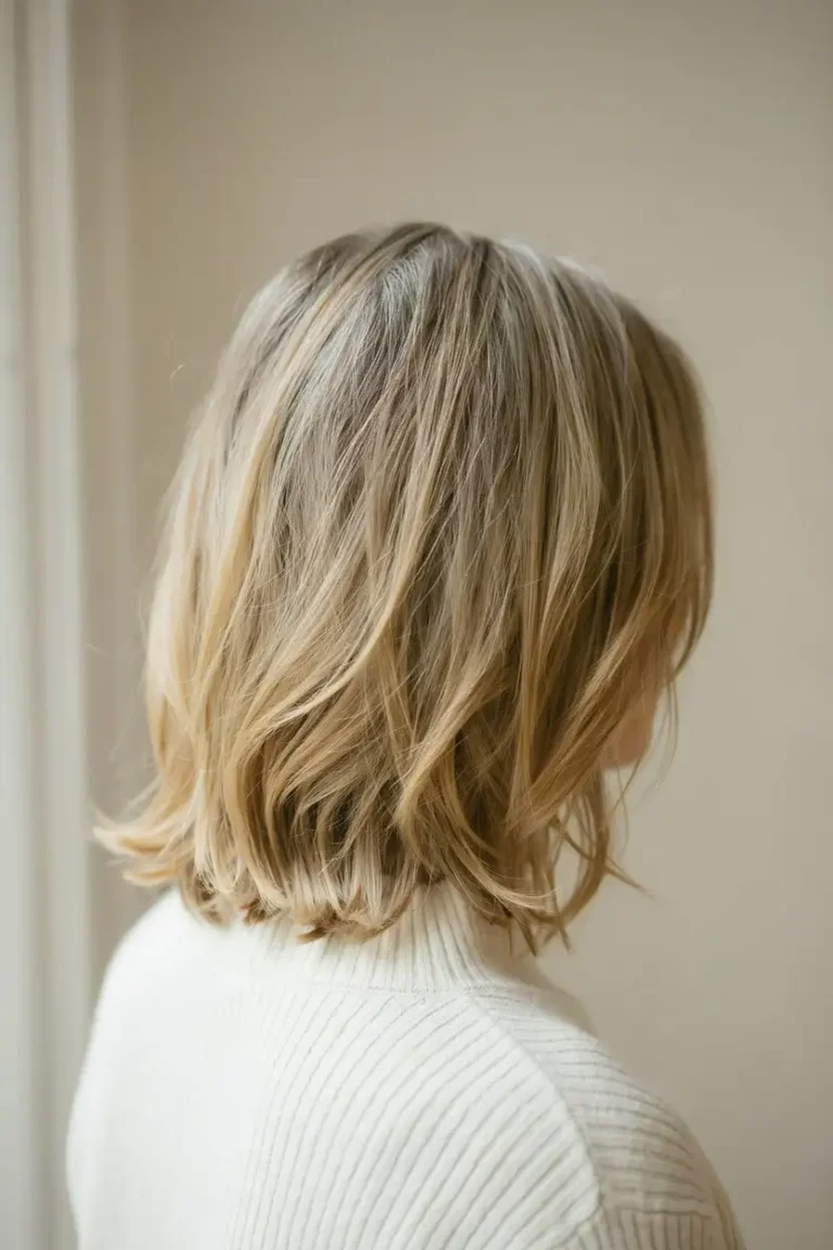 Back of a woman's head showing dimensional blonde balayage melting through a brunette base, warm light catching the pieces