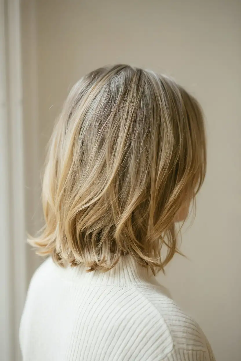 Back of a woman's head showing dimensional blonde balayage melting through a brunette base, warm light catching the pieces