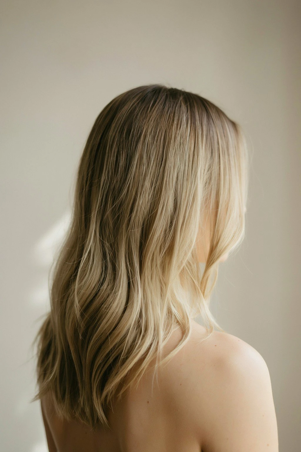 Back of a woman's head showing dimensional blonde balayage melting through a brunette base, warm light catching the pieces