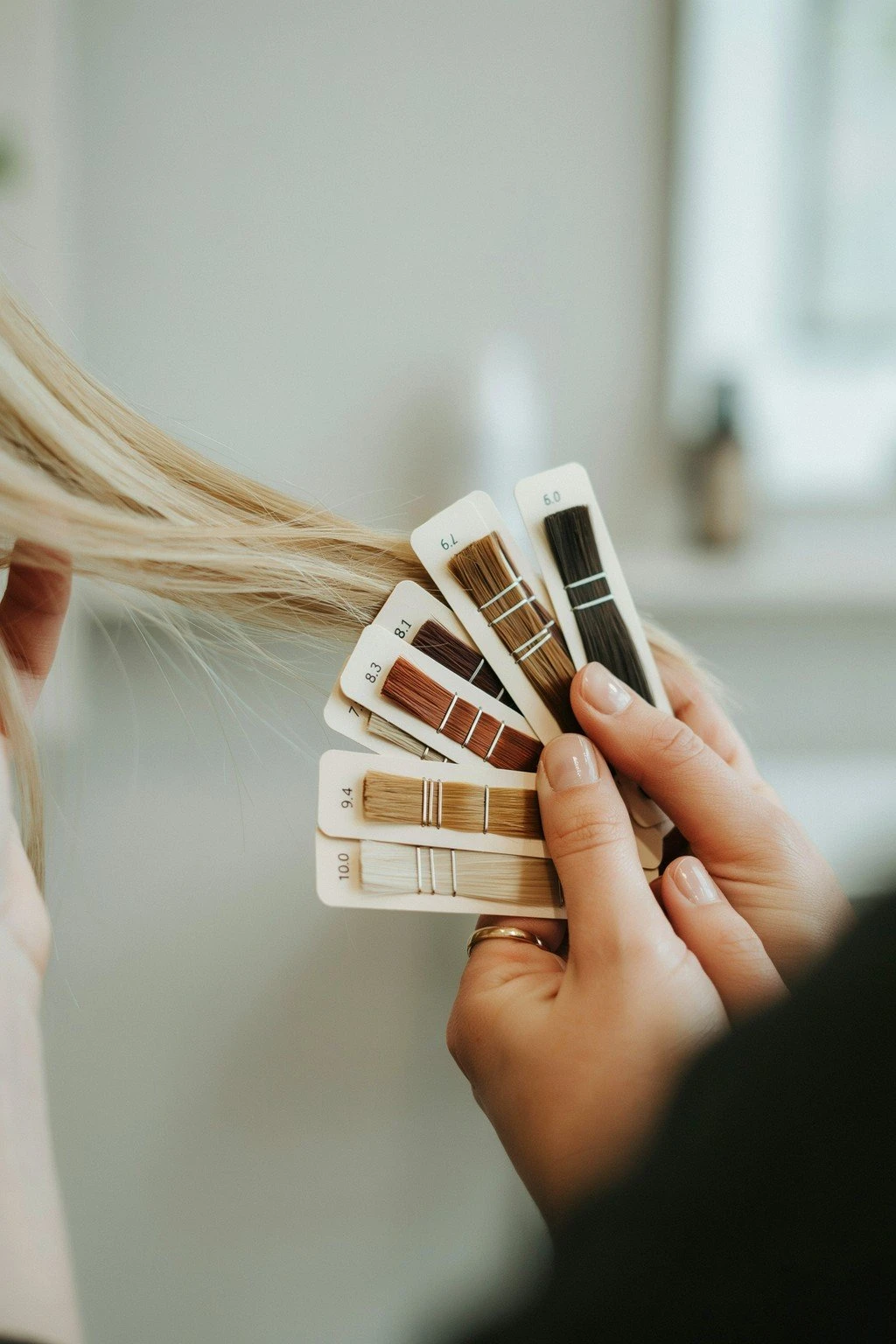 A ring of level swatch cards running into pale blonde held beside a section of highlighted hair in natural light