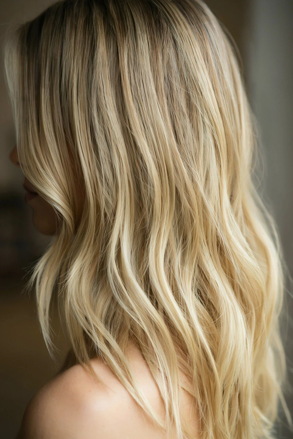 Warm buttery blonde balayage pieces glowing in soft natural light, rich and dimensional