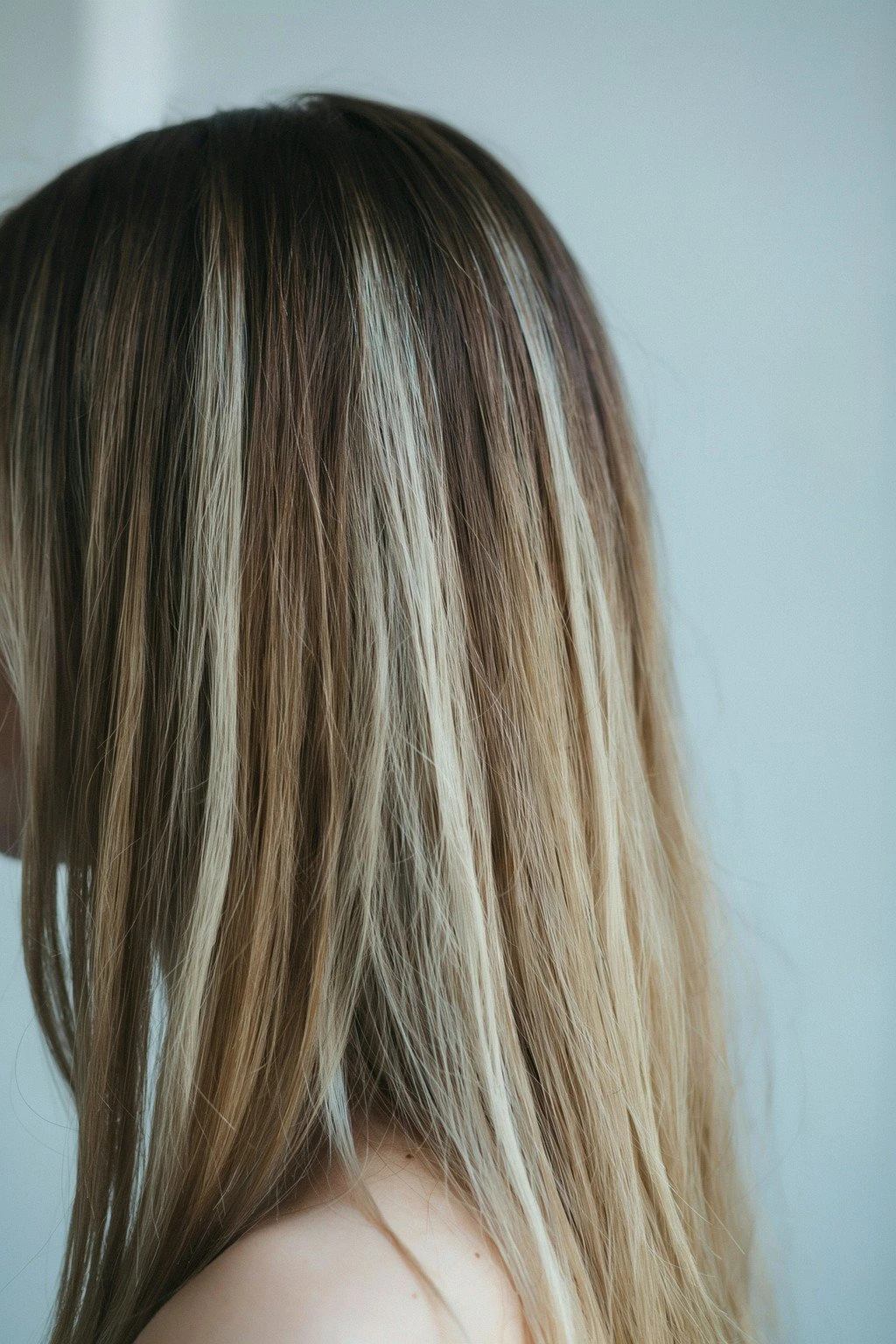 Pale icy blonde balayage pieces in crisp cool light, bright and clean against a darker base