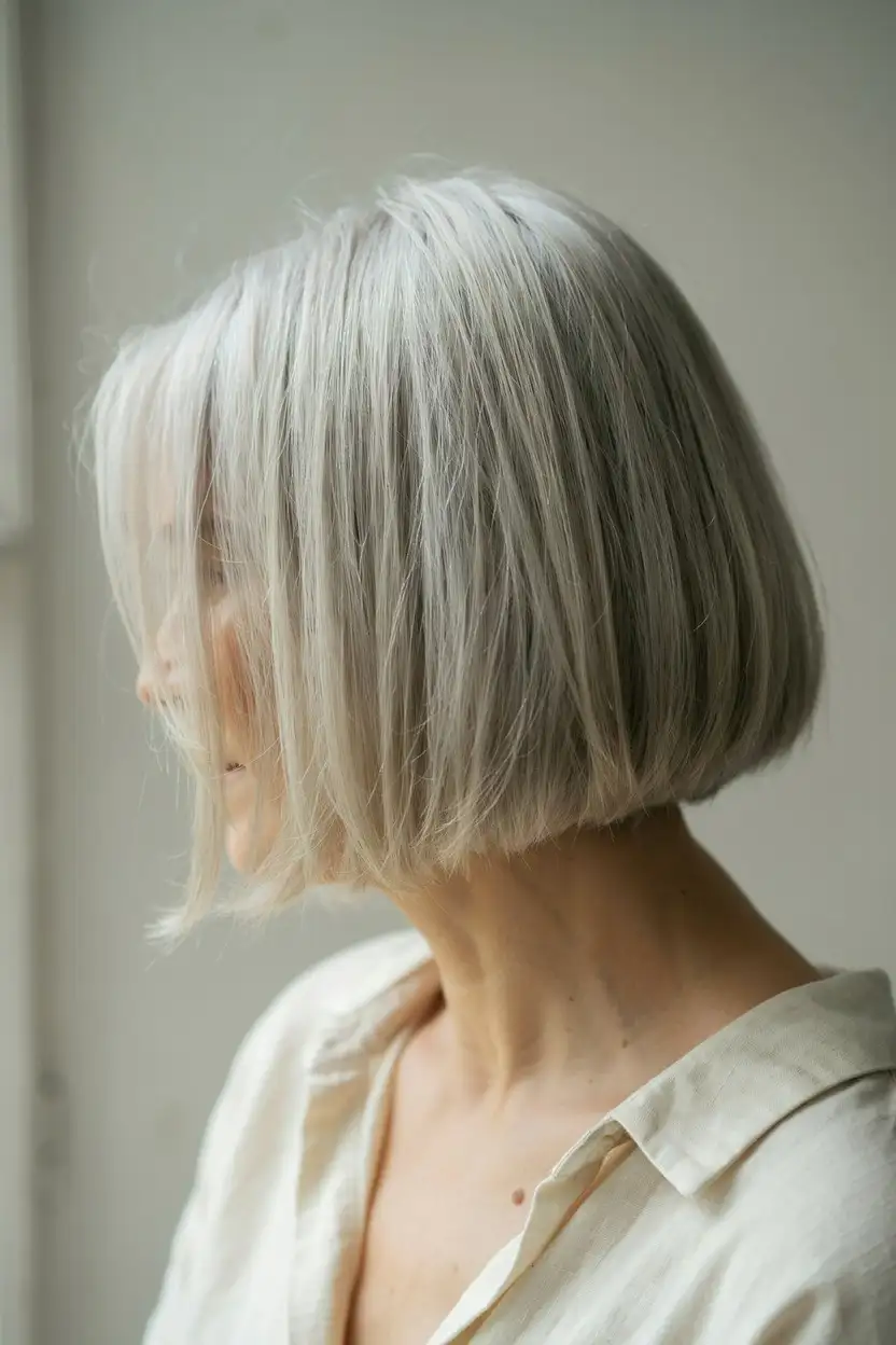Woman with a classic blunt bob haircut at jaw length