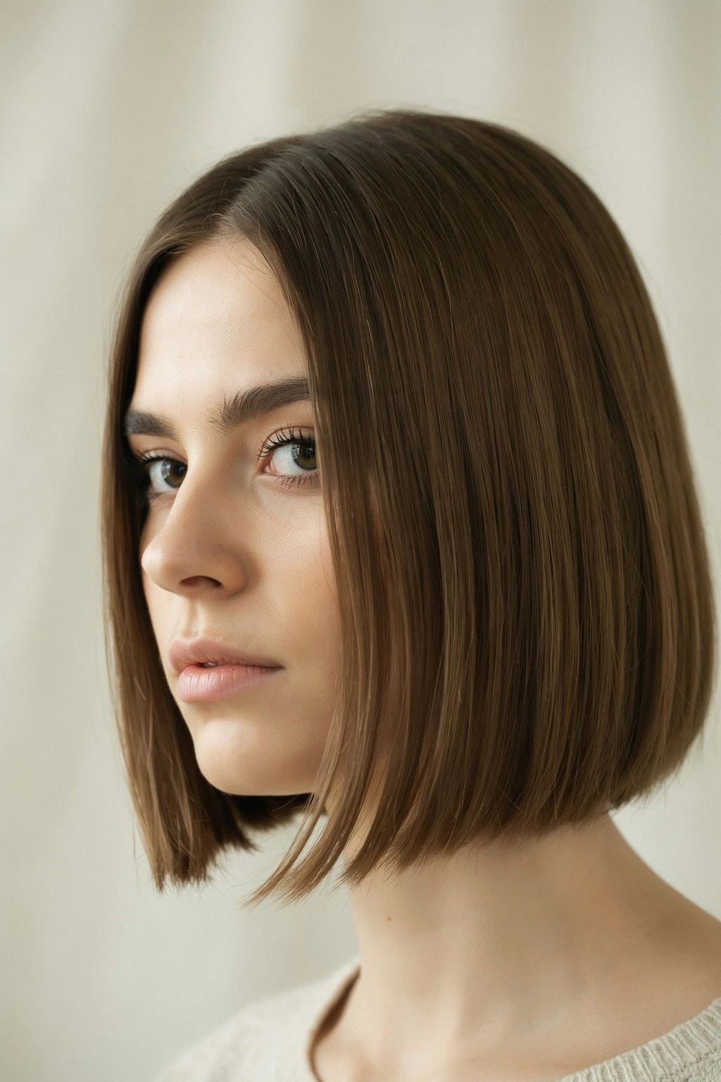 Woman with a classic blunt bob haircut at jaw length