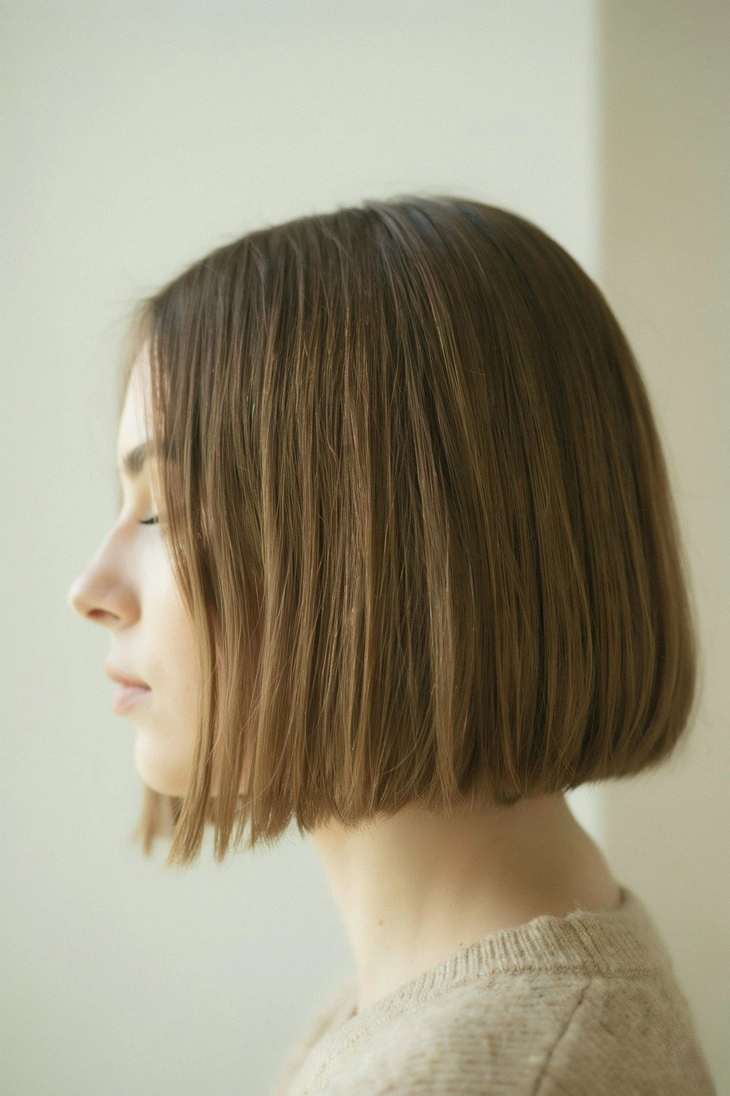 Woman with a classic blunt bob at chin length