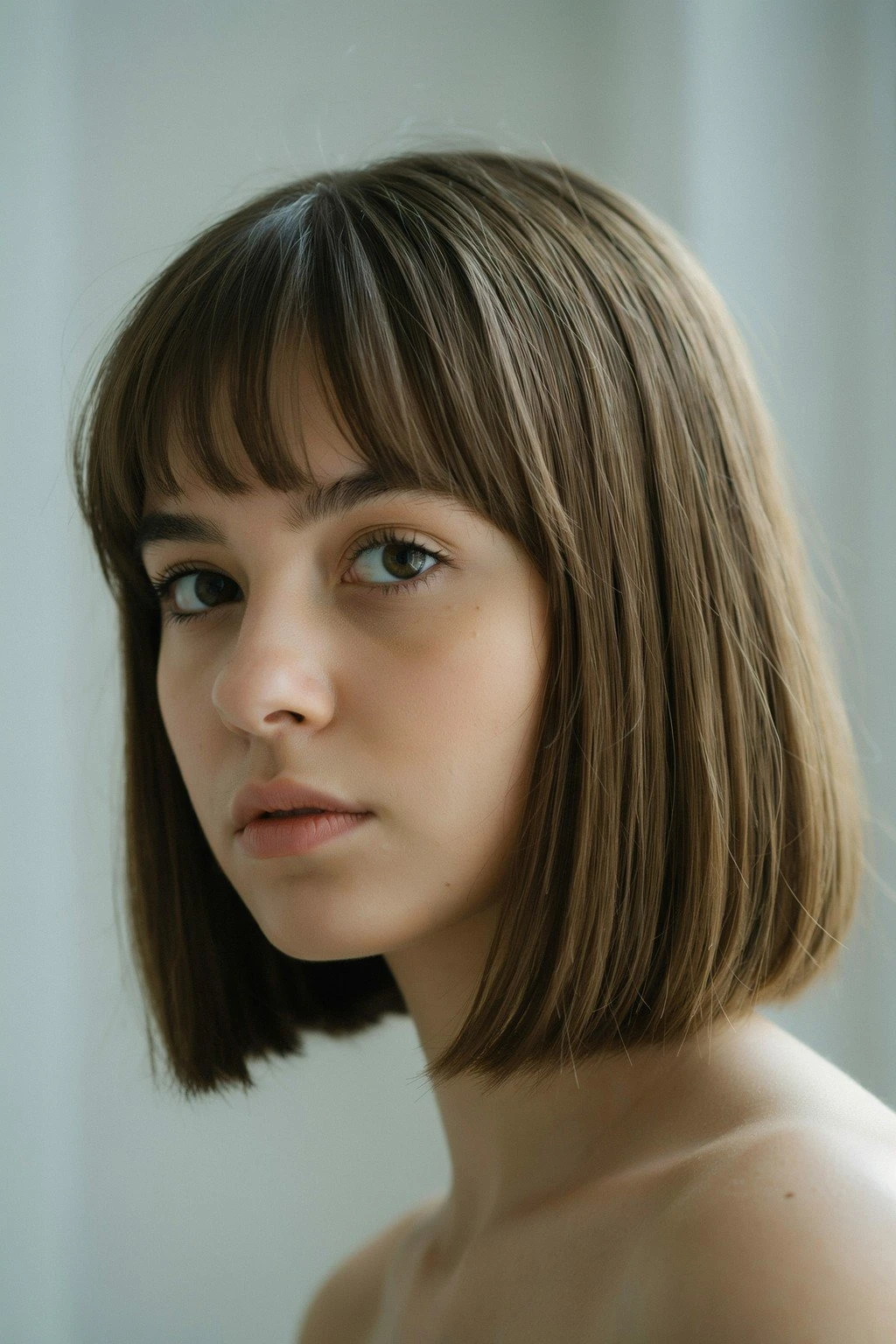 Woman with a bob haircut and bangs framing the face