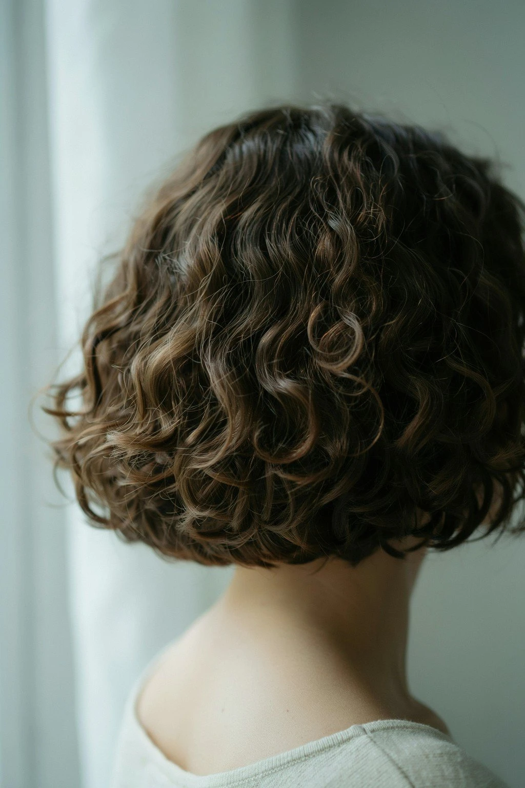 Woman with a curly bob showing natural curl pattern and shape