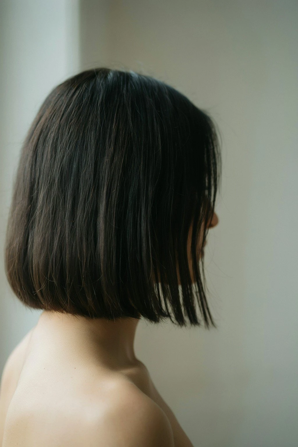 Woman with a bob haircut ending below the jaw, creating a vertical line