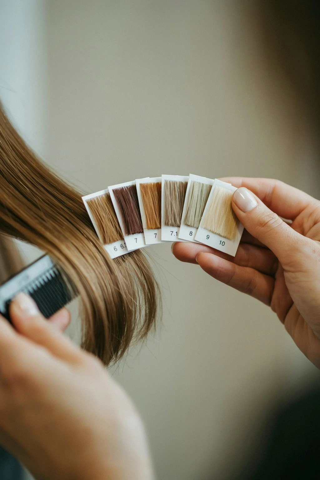 A colorist's ring of blonde and brown level swatch cards held beside a section of medium brown hair in natural light