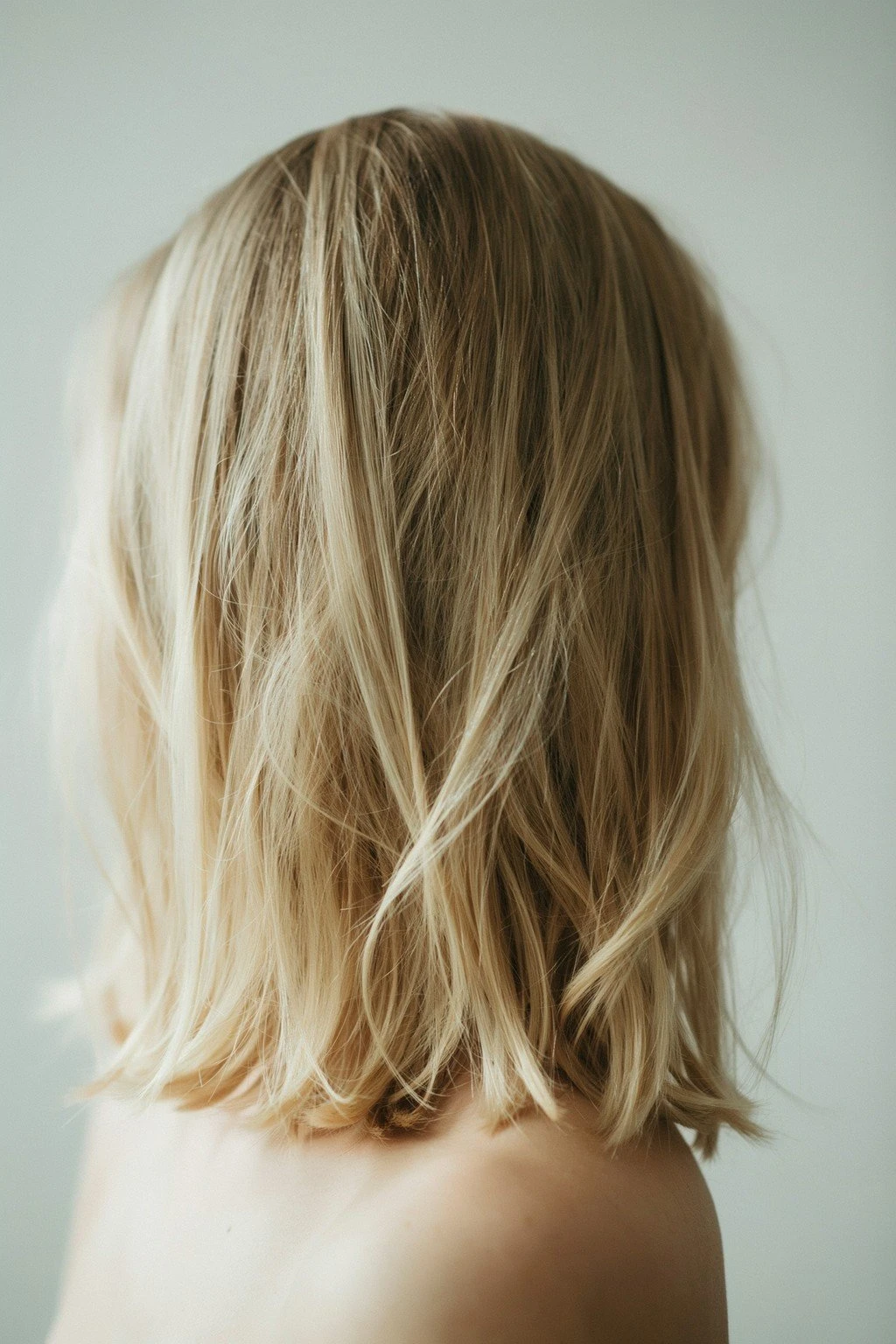Light brown dirty blonde hair brightened with pale blonde pieces, soft and blended in natural light