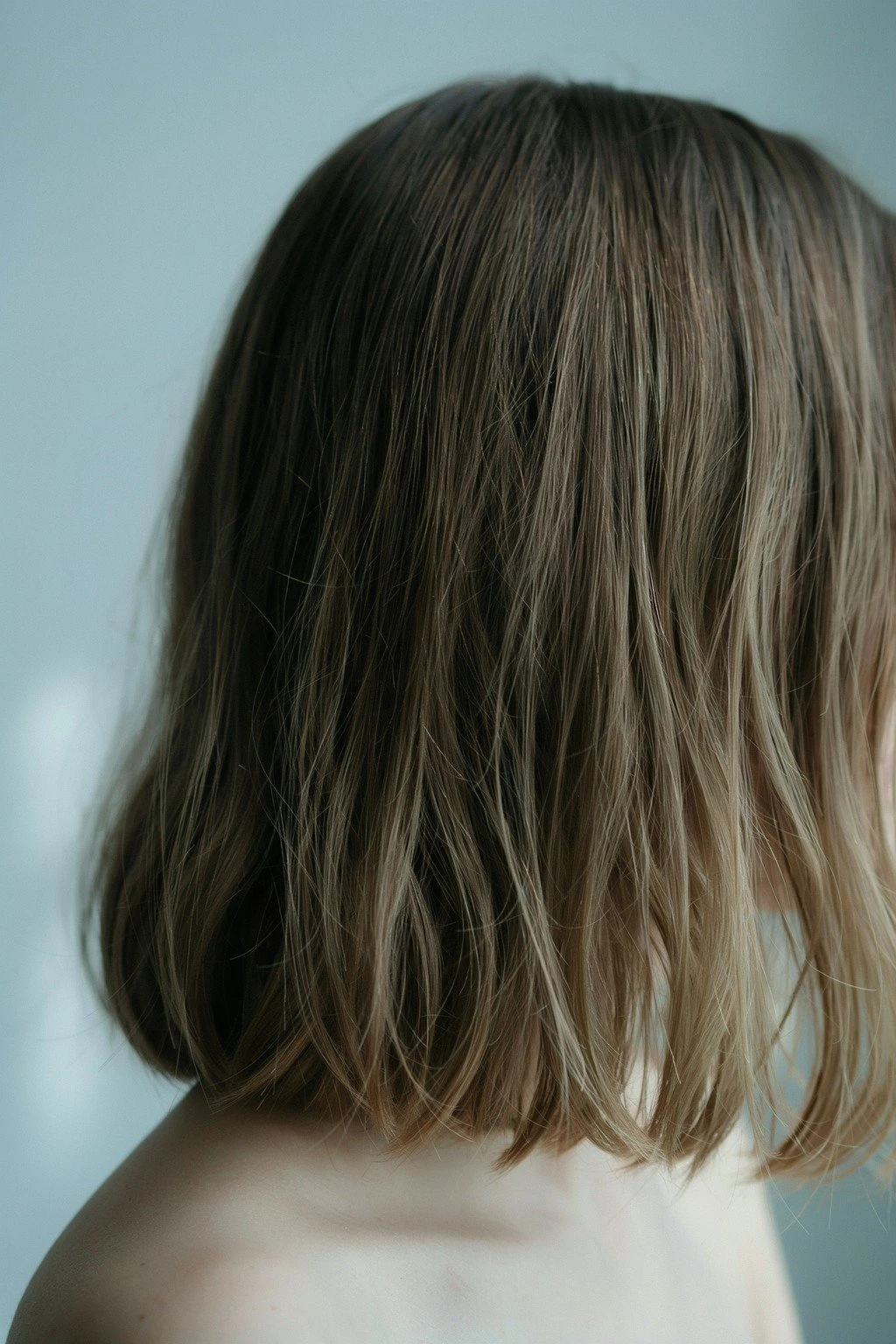 Brown hair with cool ash-blonde ribbons, neutral and slightly smoky in cool natural light