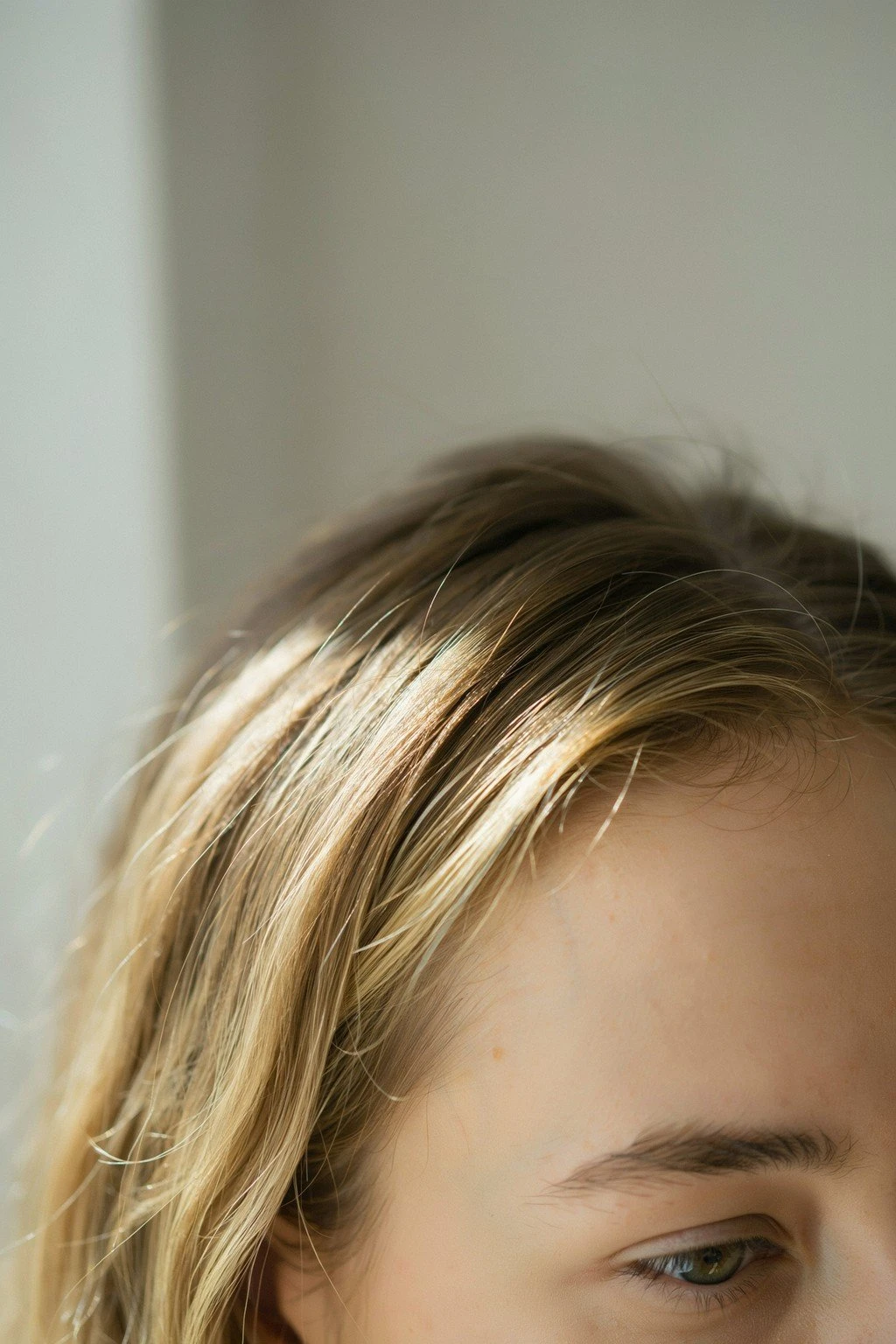 Close crop of soft blonde face-framing highlights at the hairline of brown hair, the rest of the head implied and out of focus