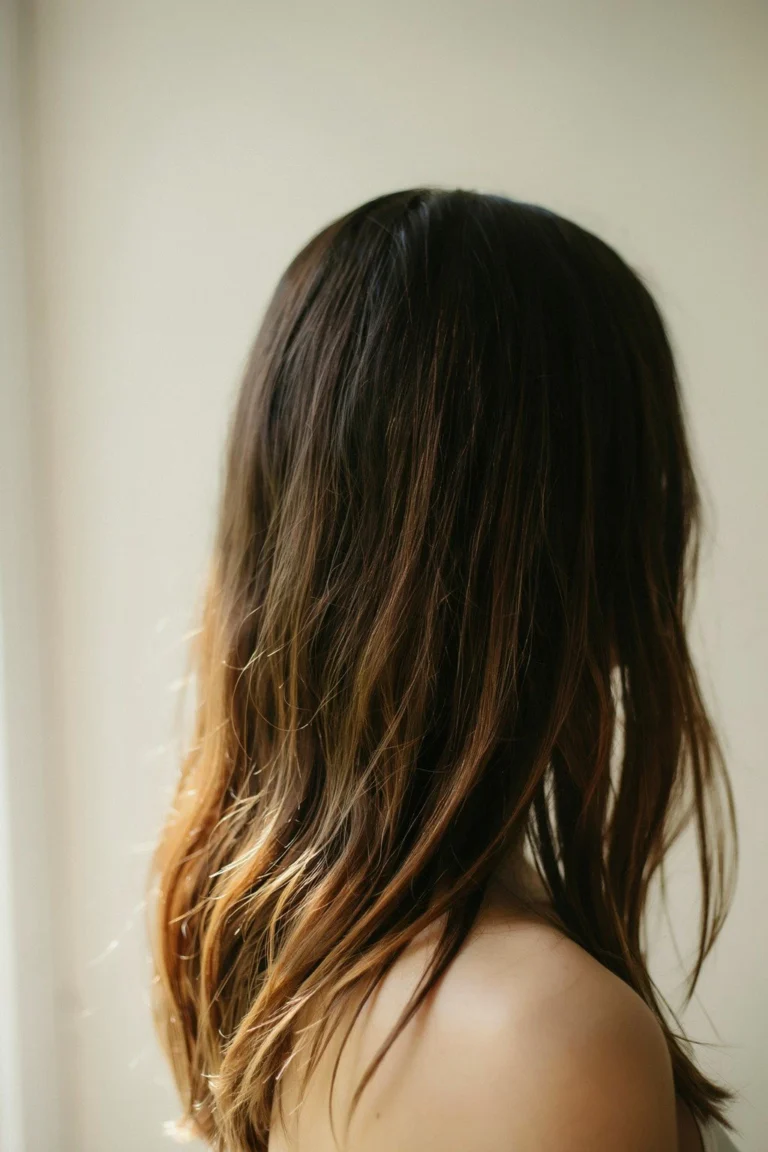 Dark brunette hair with warm caramel ribbons catching directional light through the mid-lengths and ends