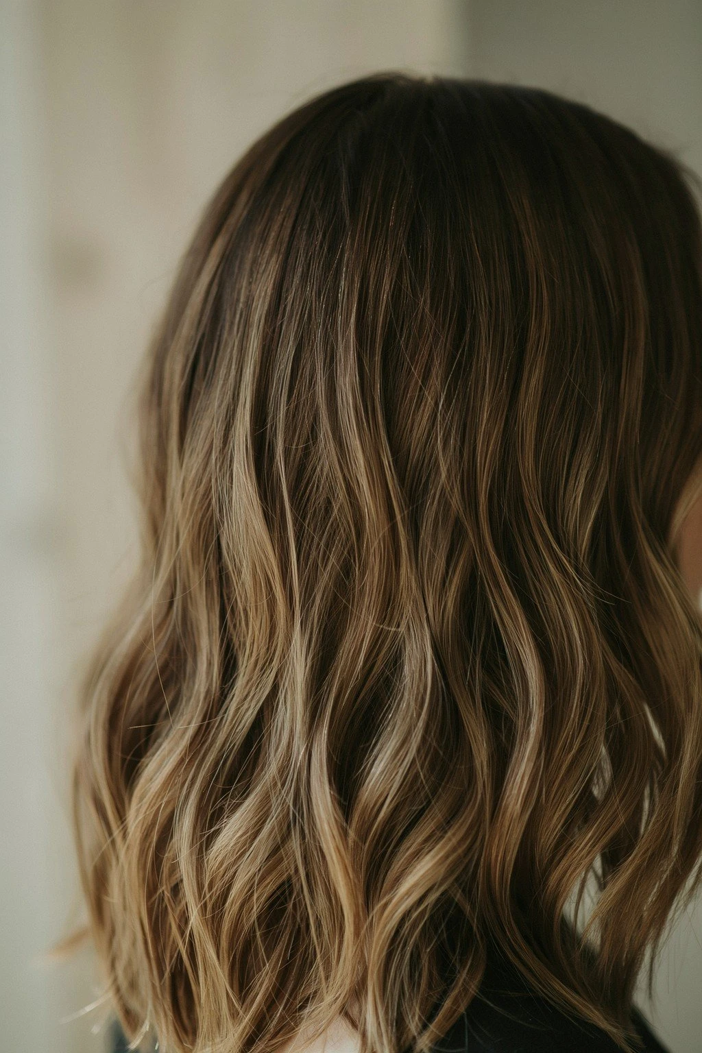 Deep brunette hair with caramel and toffee ribbons woven through the mid-lengths, root left soft