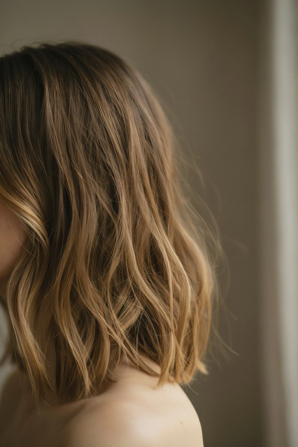Medium brunette hair with golden caramel ribbons in a loose wave, bright warm contrast against the base