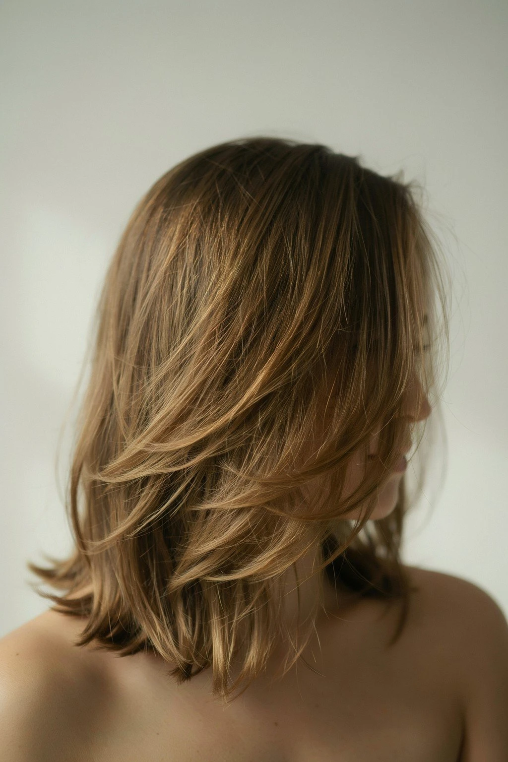 Light brunette hair with buttery caramel dimension through the full length, soft and blended in warm light