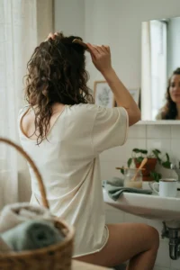 Woman styling curly hair quickly in a bathroom mirror