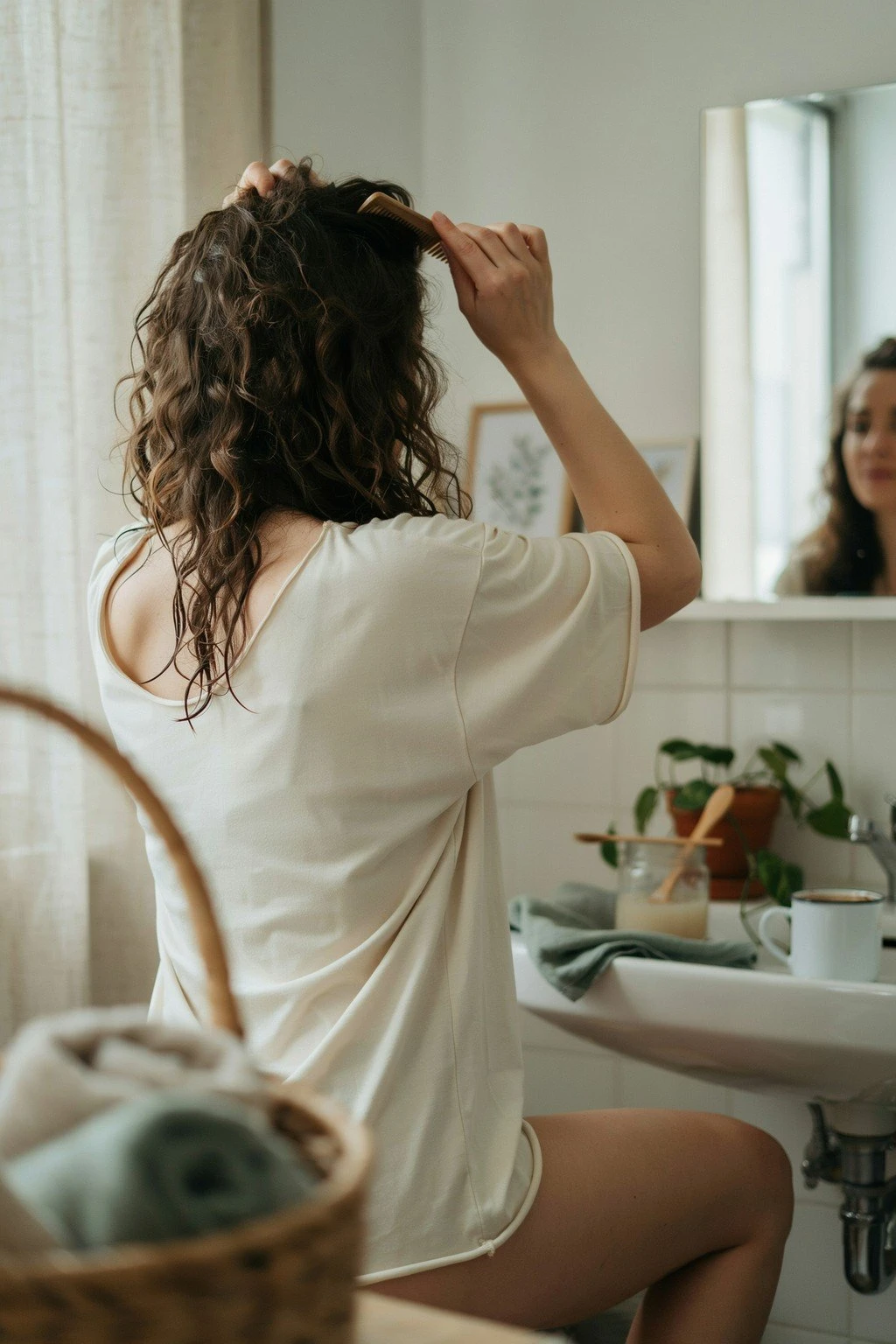 Woman styling curly hair quickly in a bathroom mirror