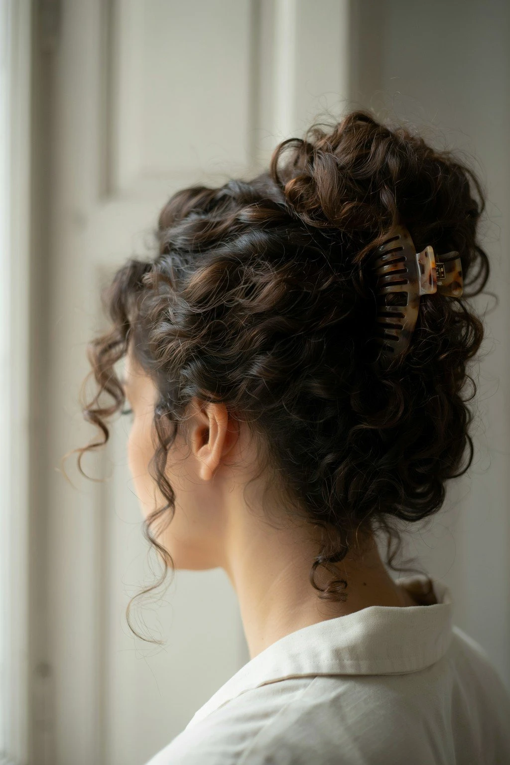 Woman with curly hair styled quickly with a claw clip