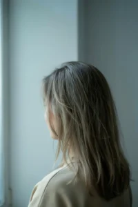 Back of a head showing several inches of natural grey root growing in beside darker colored lengths, the demarcation visible but soft