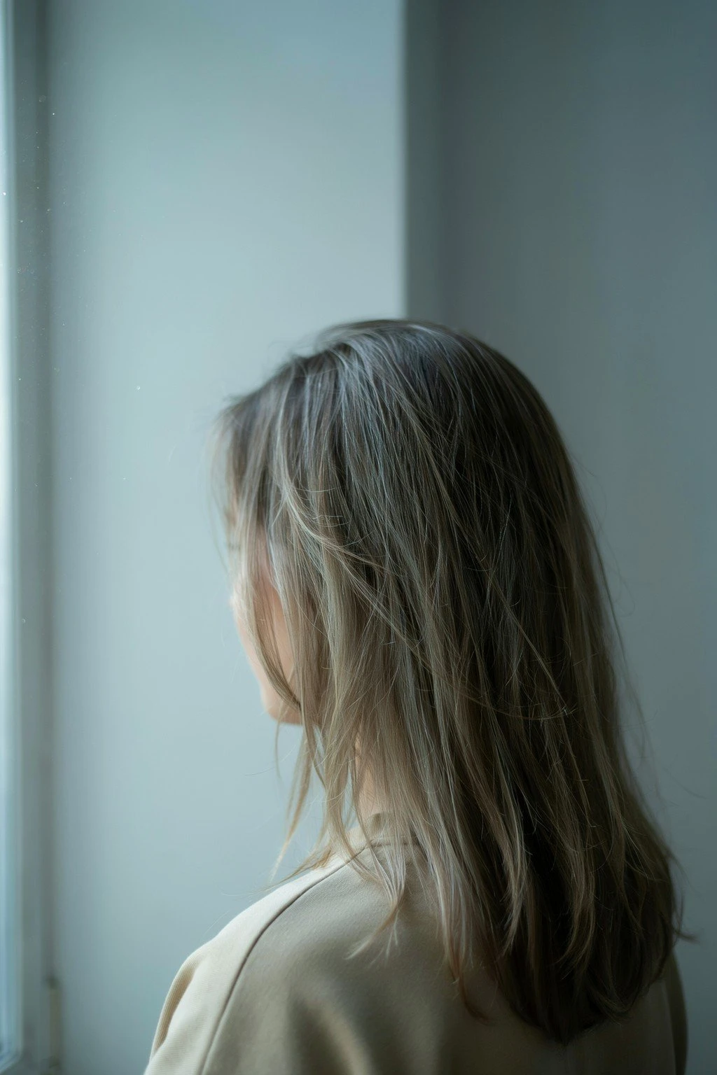 Back of a head showing several inches of natural grey root growing in beside darker colored lengths, the demarcation visible but soft