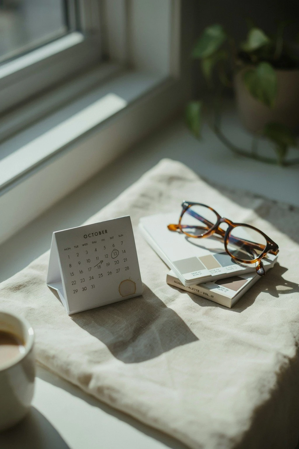 A small calendar with four-week intervals marked beside a color swatch book on a folded towel