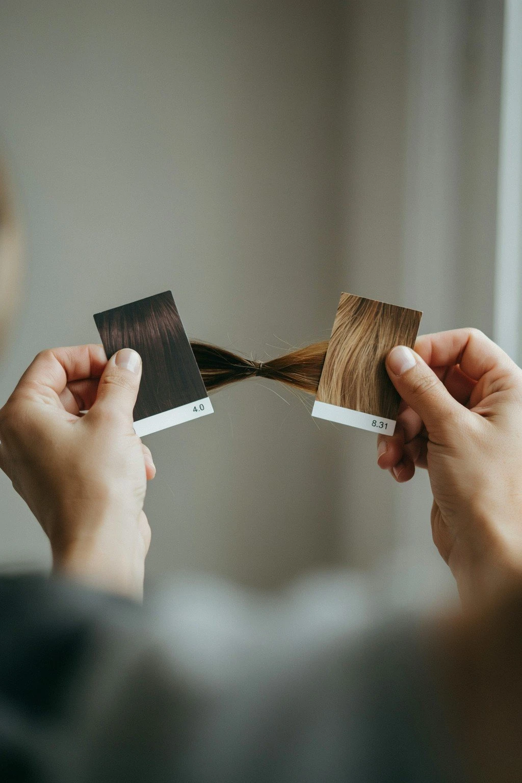 Two swatch cards held several steps apart against dark brunette hair, visualizing the distance between a base and a target shade
