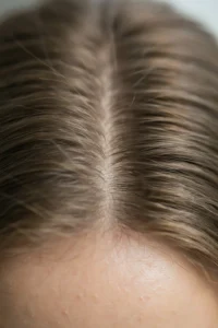 Close-up of a healthy scalp part showing hair at different visible lengths and stages
