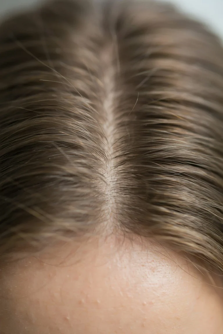 Close-up of a healthy scalp part showing hair at different visible lengths and stages