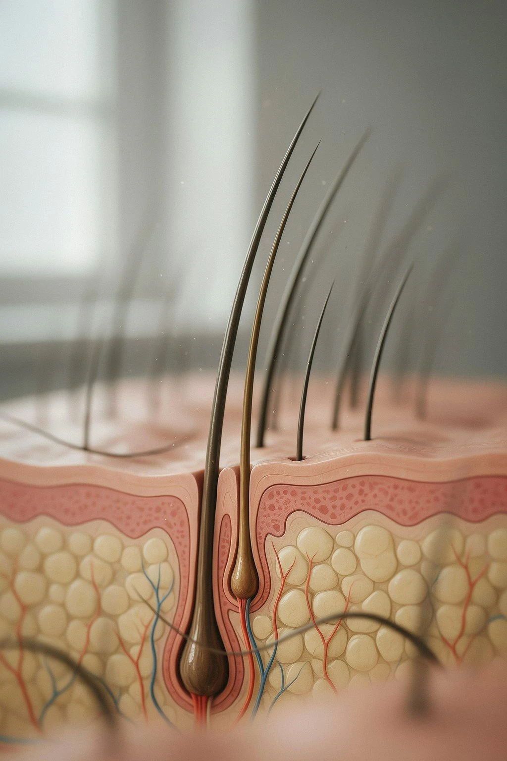 Diagram-style photograph of hair strands at different growth stages emerging from a scalp cross-section