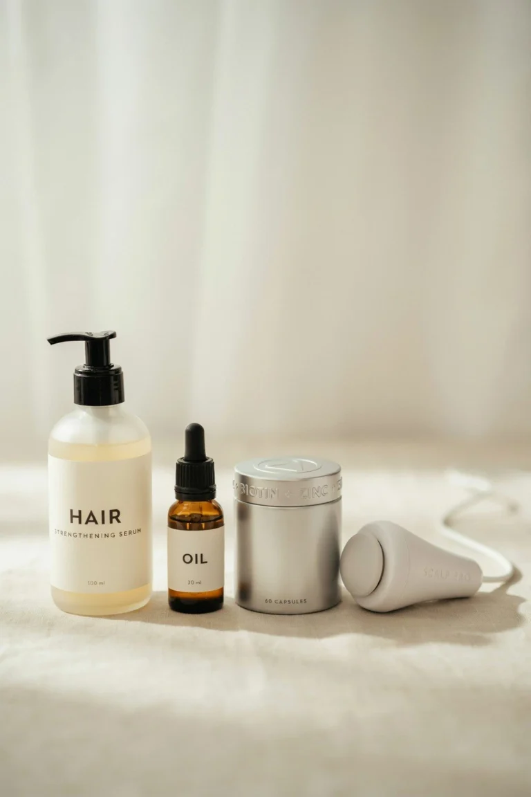 A row of different hair growth product types - a bottle, a dropper serum, a supplement jar, and a small device - arranged together