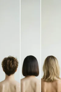 A row of haircut style references showing a pixie, a bob, and a longer layered cut