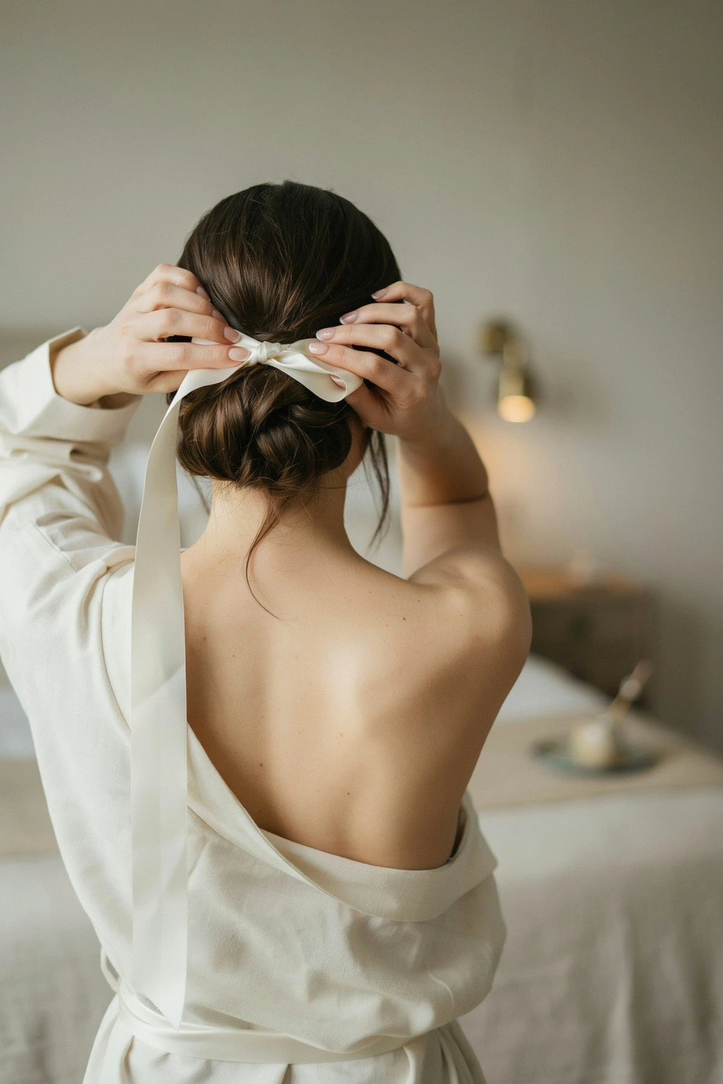 Hair wrapped around a ribbon or robe belt at the crown