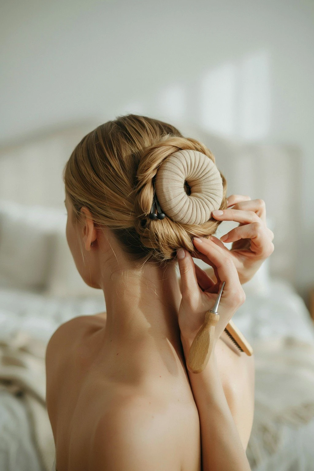 Hair sectioned and wrapped around a sock donut shape