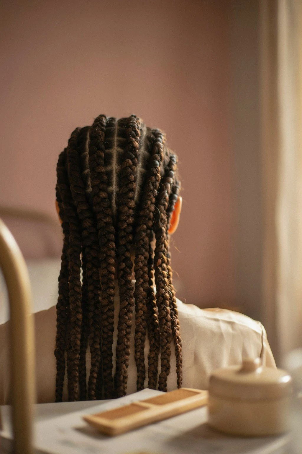 Hair sectioned into braids for an overnight braid-out