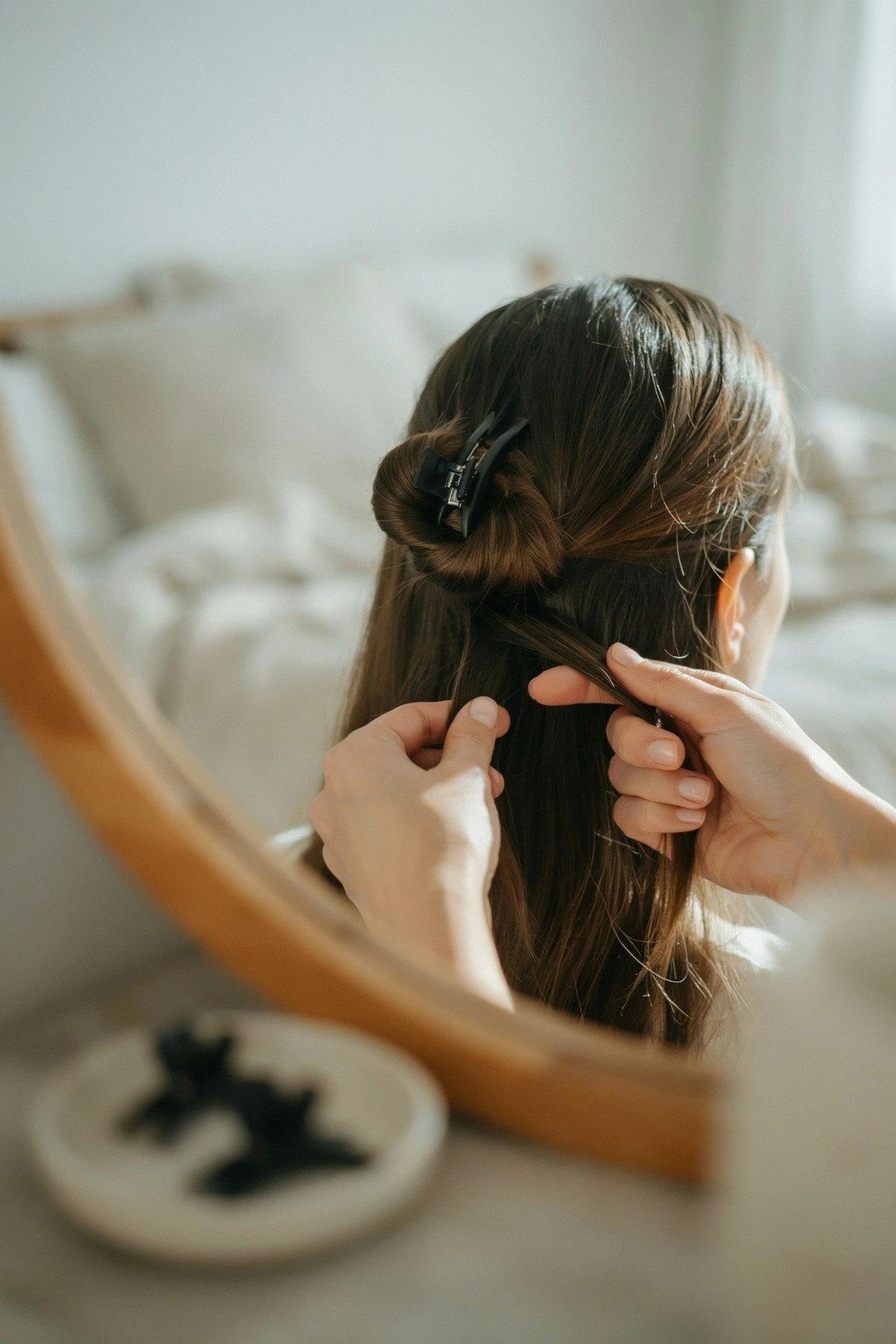 Short hair being wrapped for a heatless curl method
