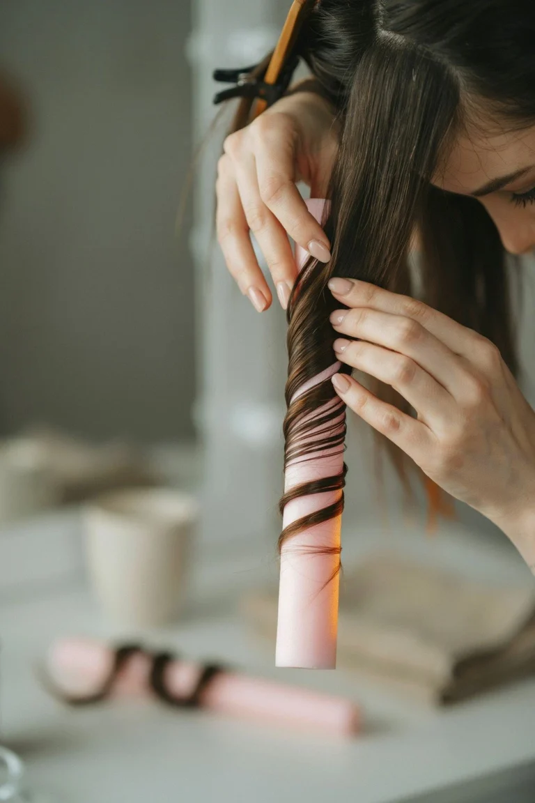 Hair being sectioned and wrapped for a heatless curl method