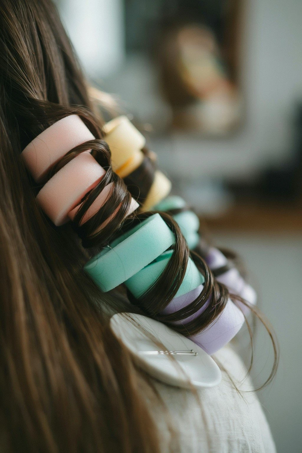 Several sections of hair wrapped around flexi rods