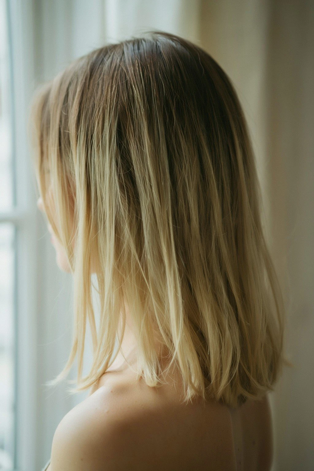 Back of a woman's head showing dimensional blonde pieces through brunette mid-lengths, some uniform from the root and others painted and softer at the root