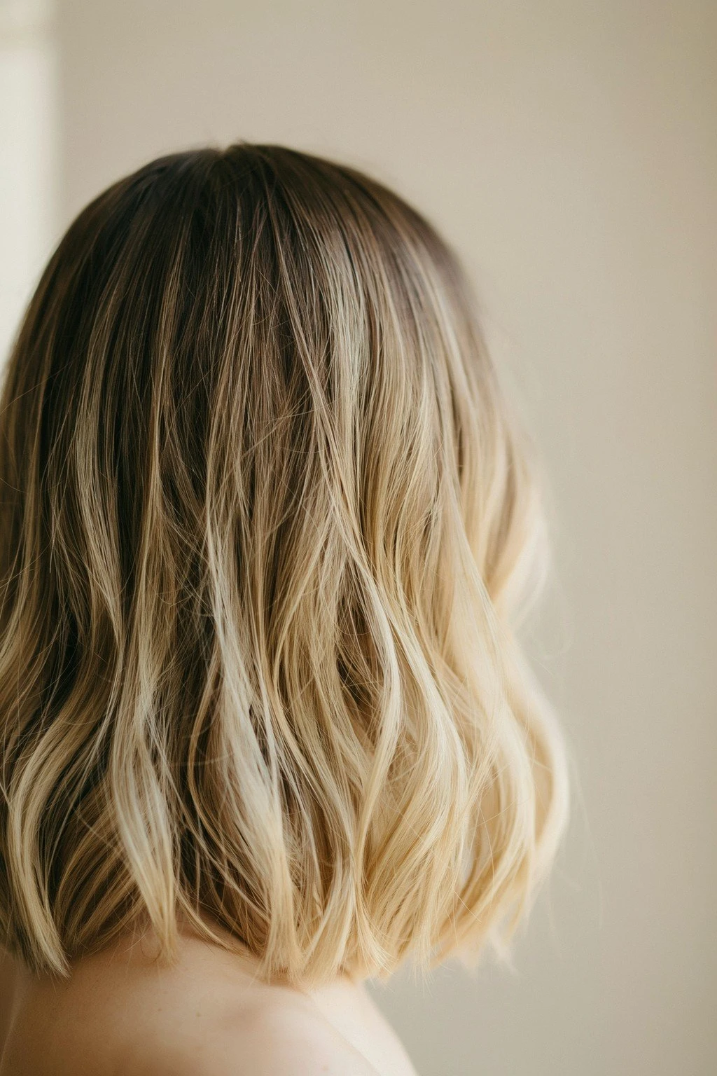 Back of a head showing several inches of natural brunette root color blending seamlessly into soft warm blonde balayage below, with no demarcation line