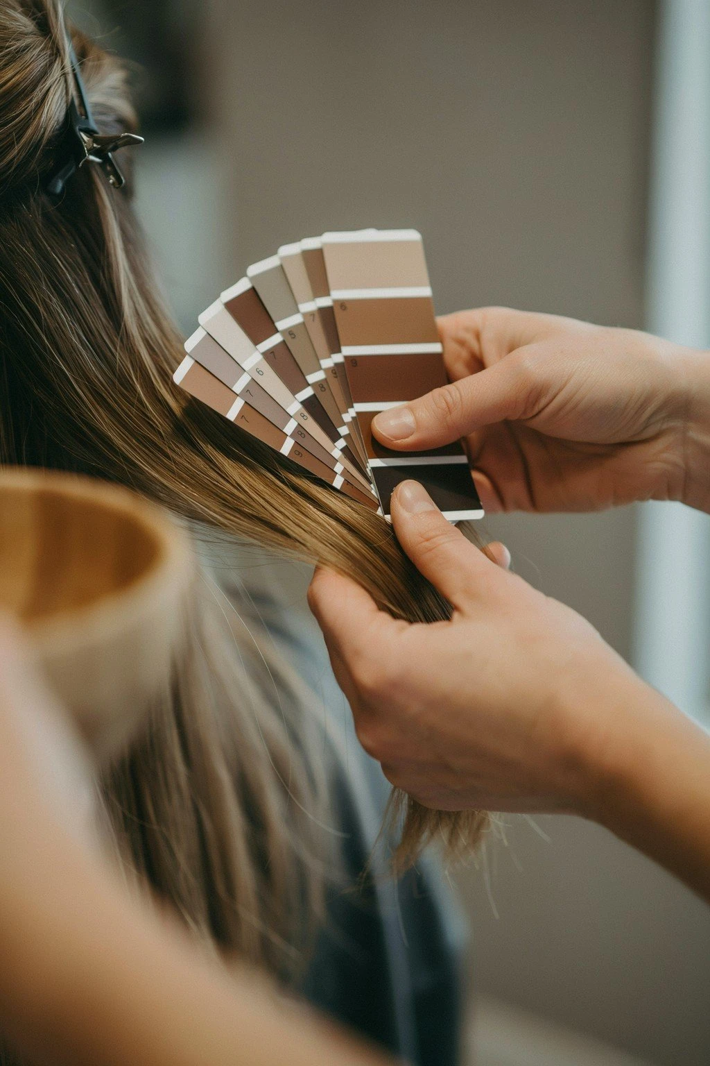A colorist's ring of level swatch cards held beside a section of medium brunette hair, hand and hair in sharp focus